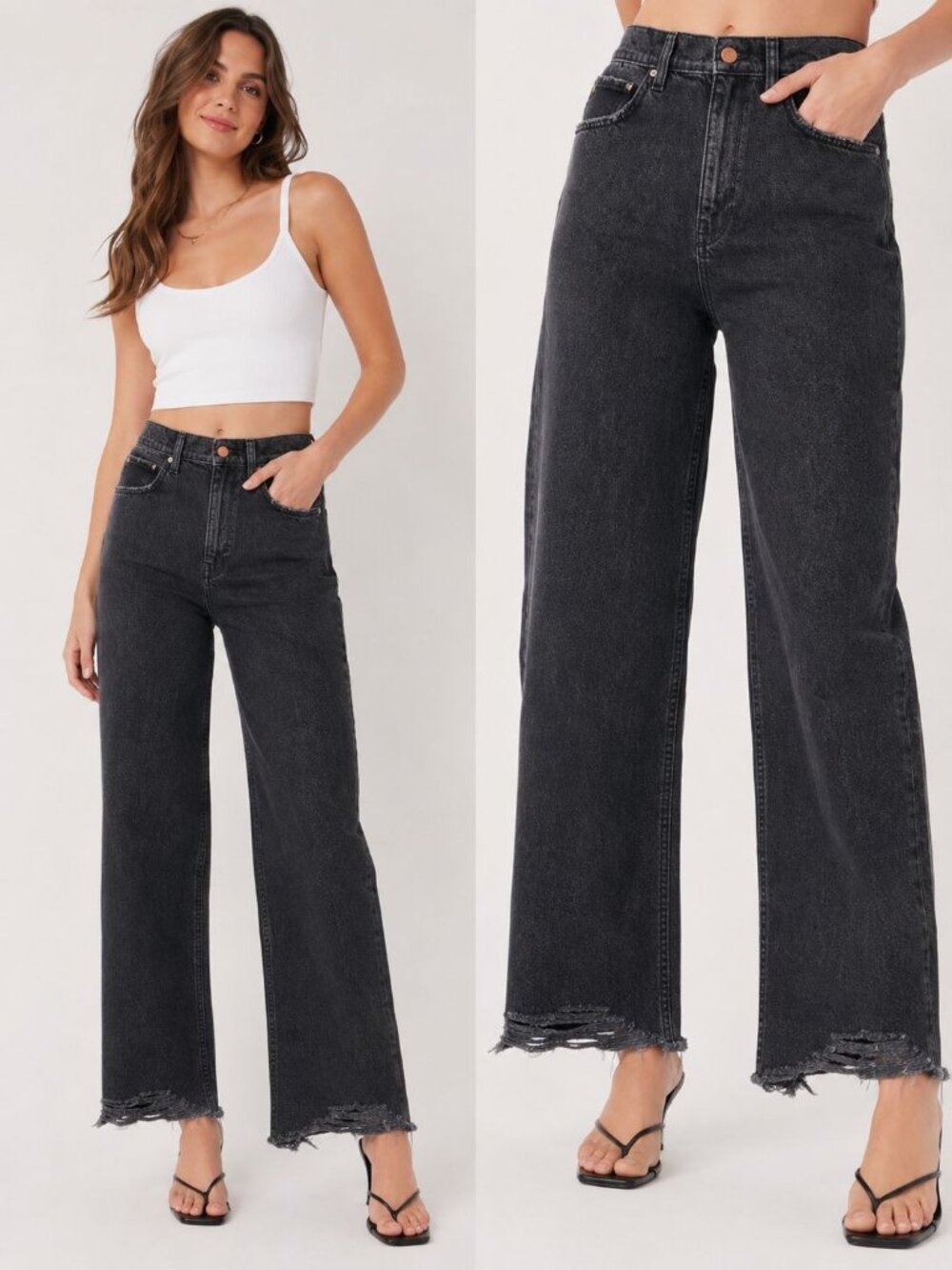 DL1961 black Hepburn high-rise wide-leg jeans distinct raw, distressed hem SZ 25